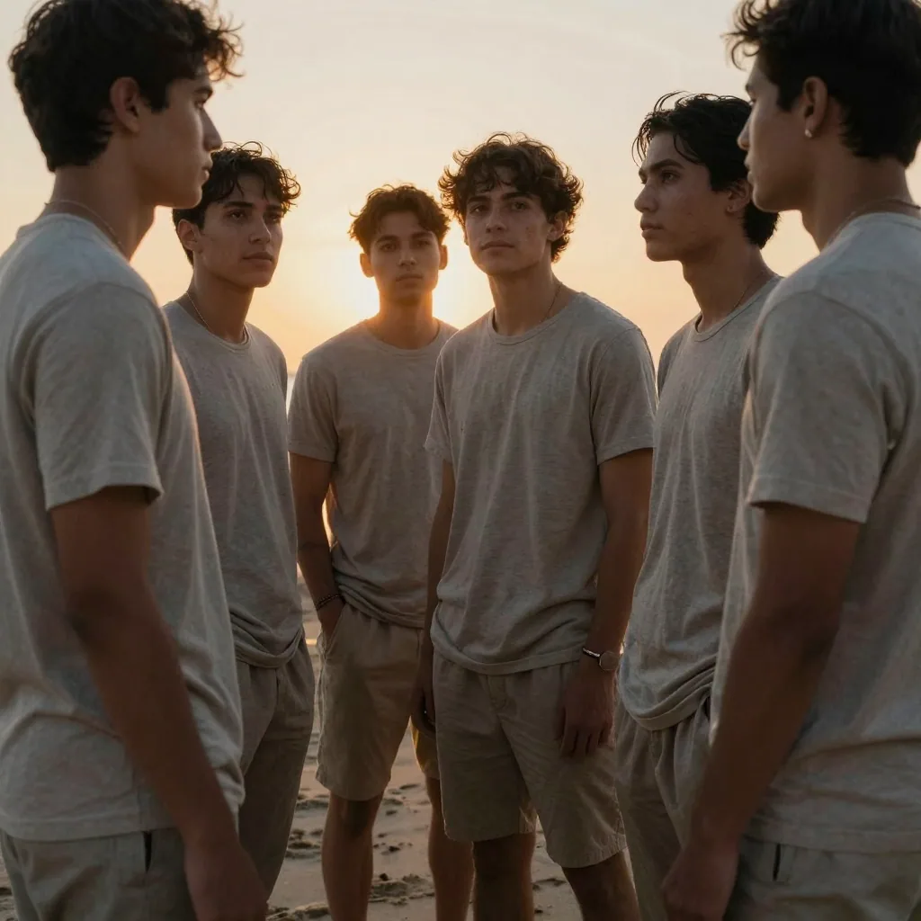 A group of friends in matching outfits posed together on a beach at sunset, one person's head turned differently from the rest, warm golden