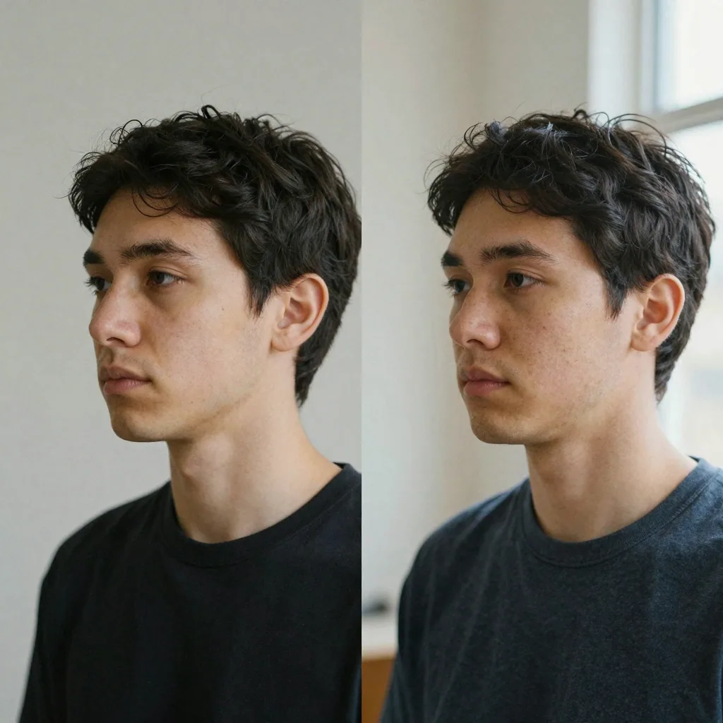Two nearly identical portraits of the same person side by side against a plain backdrop, subtle differences in head angle, soft even studio