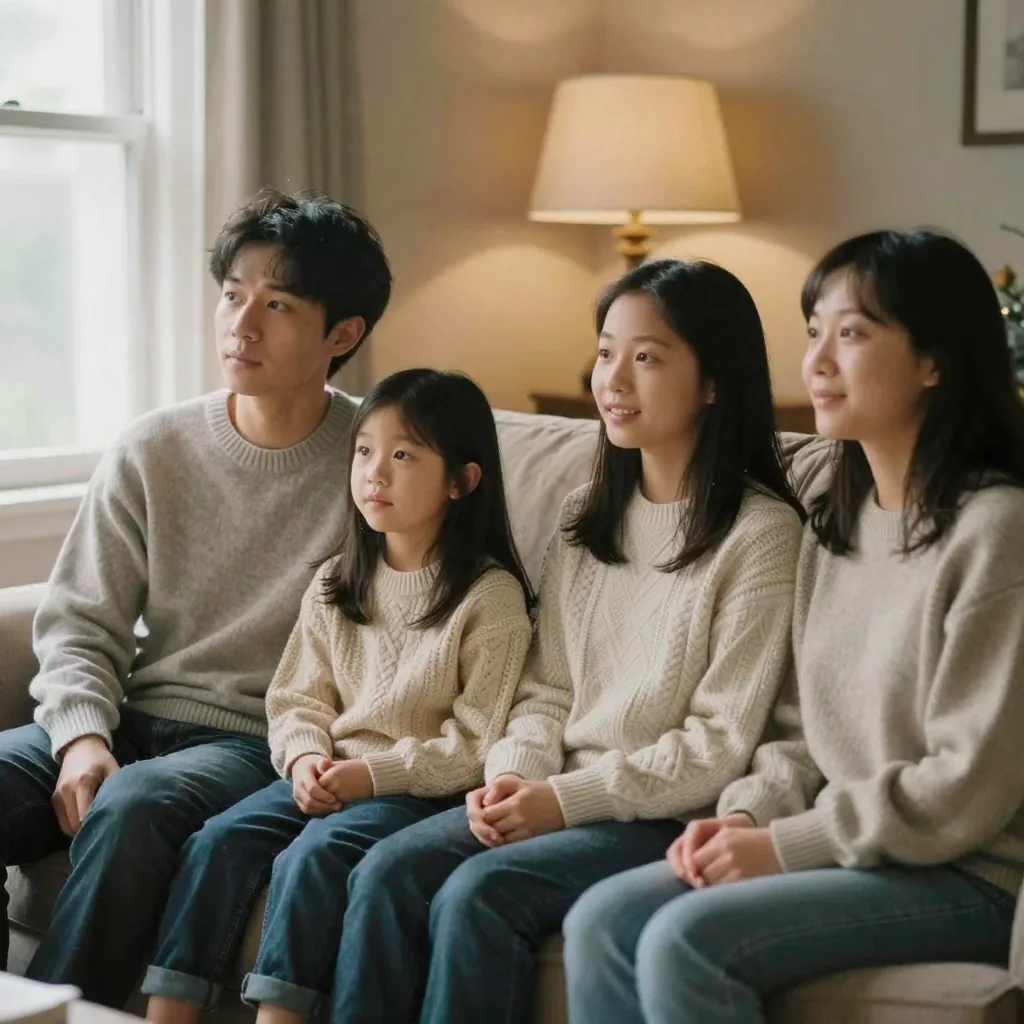 A family in coordinated sweaters seated on a couch for a holiday photo, one member glancing away while others smile, warm cozy lamp light