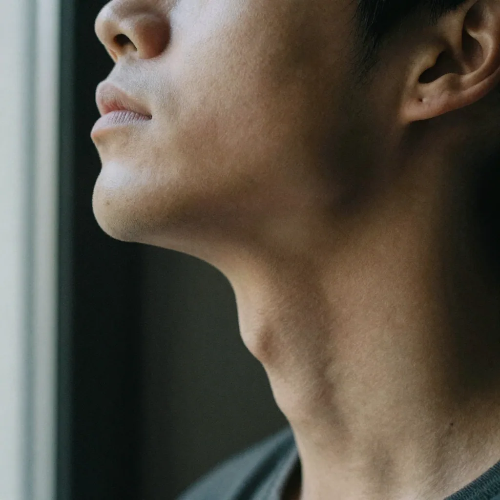 Close-up of a person's head and neck cleanly lit against a dark seamless background, sharp jawline and hairline detail, soft key light