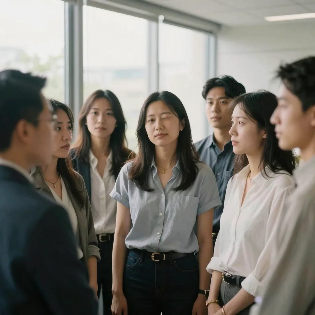 A team of colleagues standing shoulder to shoulder in an office lobby for a group shot, one face turned mid-blink, bright natural daylight