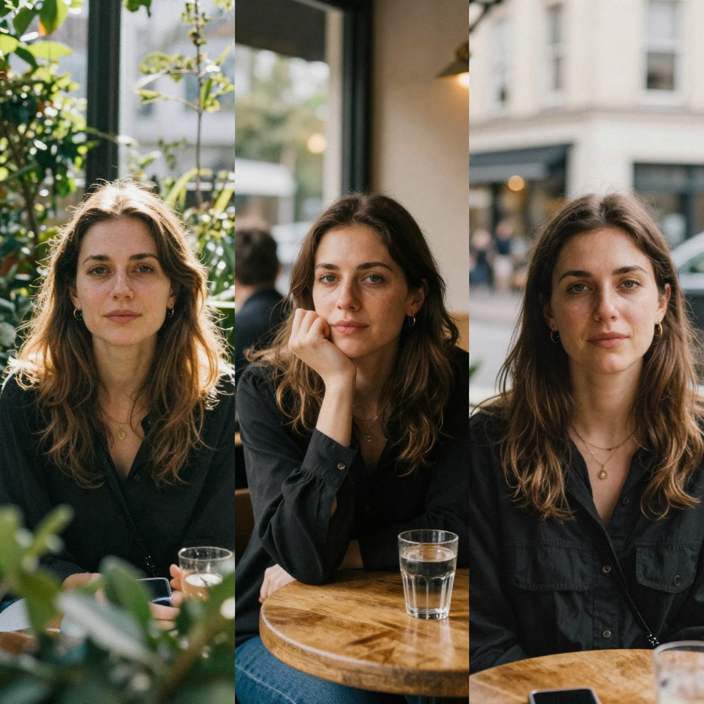 A woman with the same face shown in three different candid moments side by side, one in a garden, one in a cafe corner, one on a city street