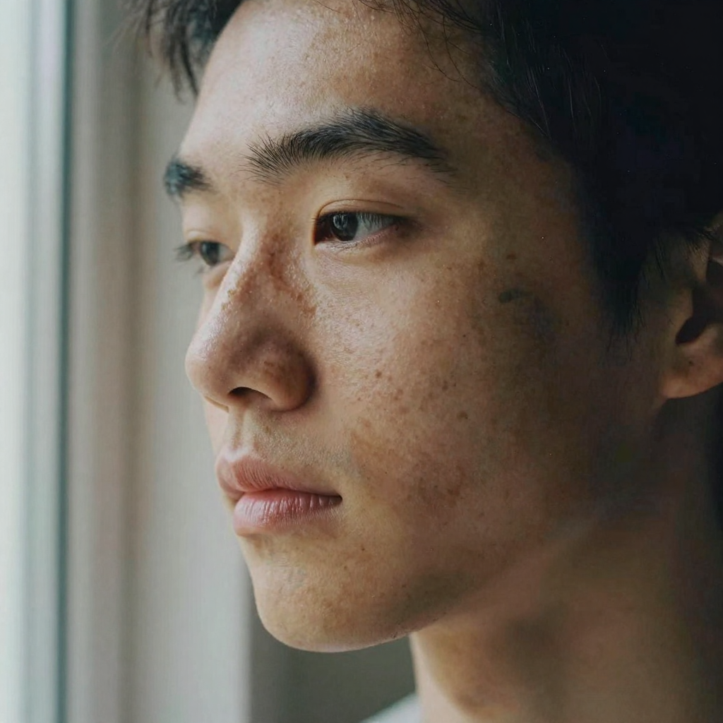 Close-up of a person's face turned slightly toward soft window light, distinct freckles and warm expression preserved, plain backdrop, natur