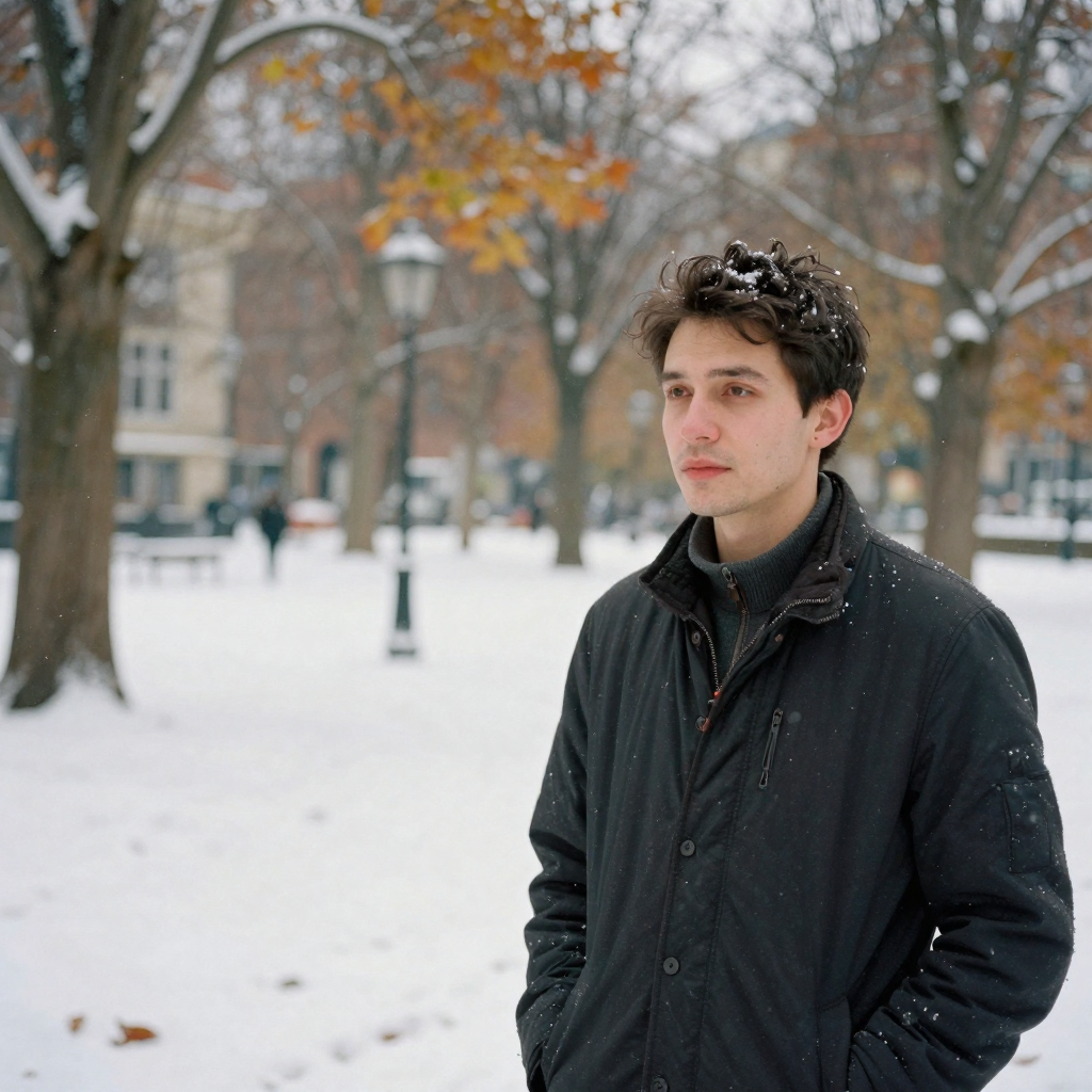 A man photographed in a park in autumn, then the same recognizable man in a snowy winter scene, matching facial features across both setting