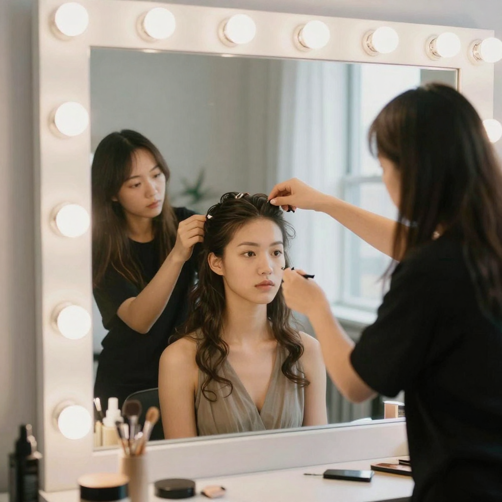 A makeup artist adjusting a model's hairstyle near a bright vanity mirror rimmed with soft bulbs, the model's face clearly and consistently