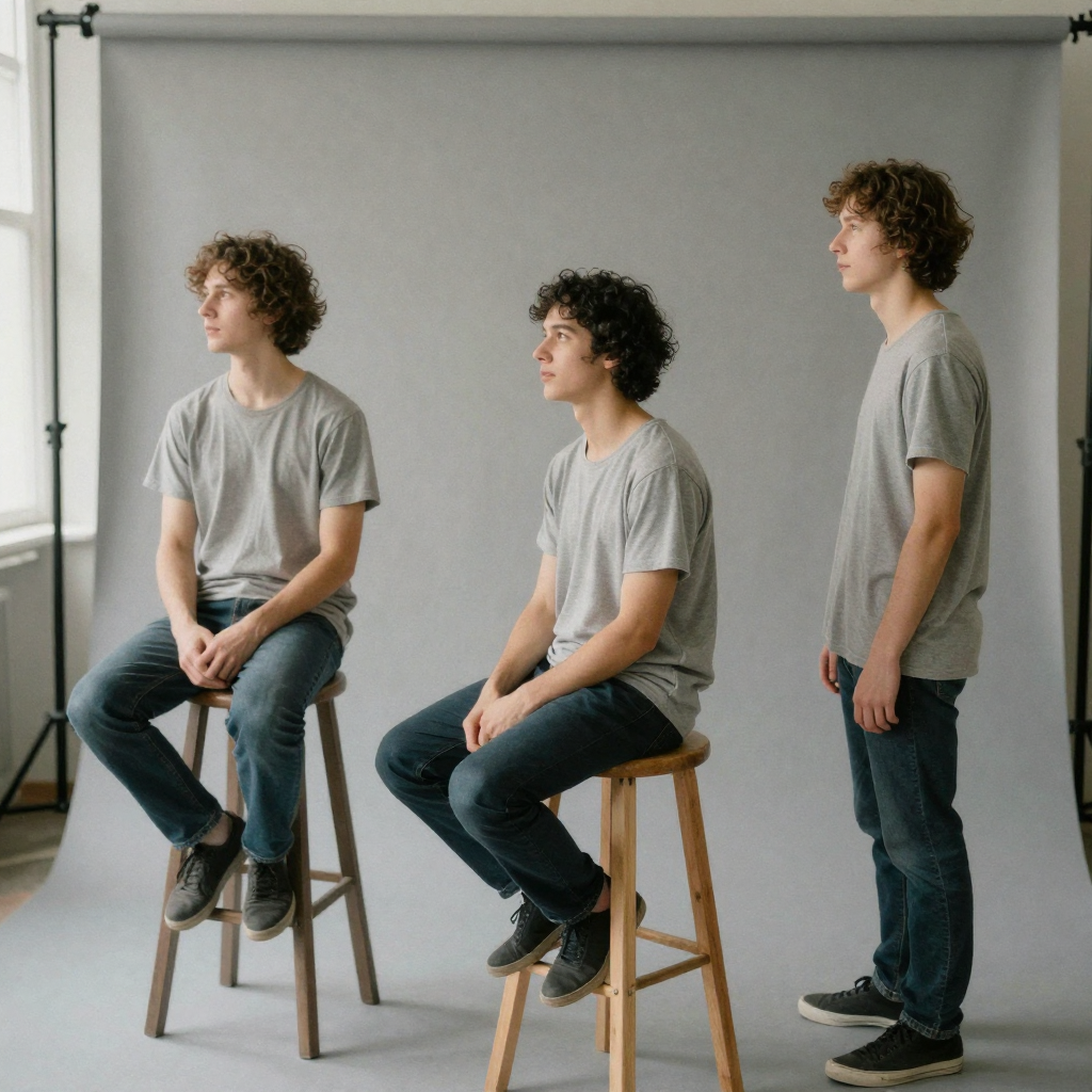 A person seen from three angles under identical soft studio lighting on a stool, front profile and three-quarter, same identity, seamless gr