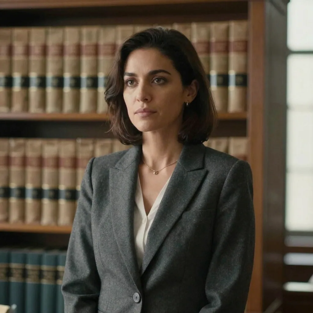 A confident female attorney in a tailored charcoal blazer standing before a softly blurred law library of leather-bound spines, warm directi