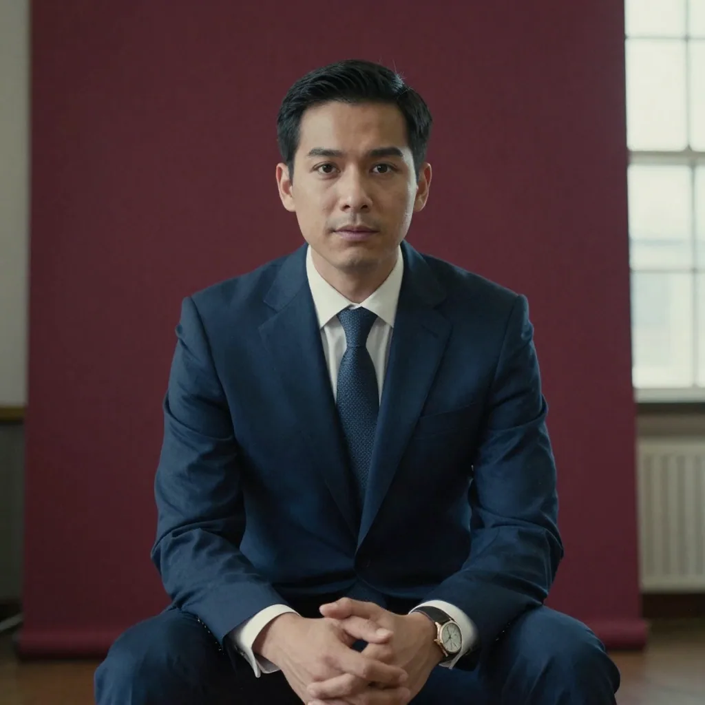 A male lawyer in a navy suit and tie seated for a formal portrait against a deep burgundy backdrop, hands clasped, controlled studio lightin