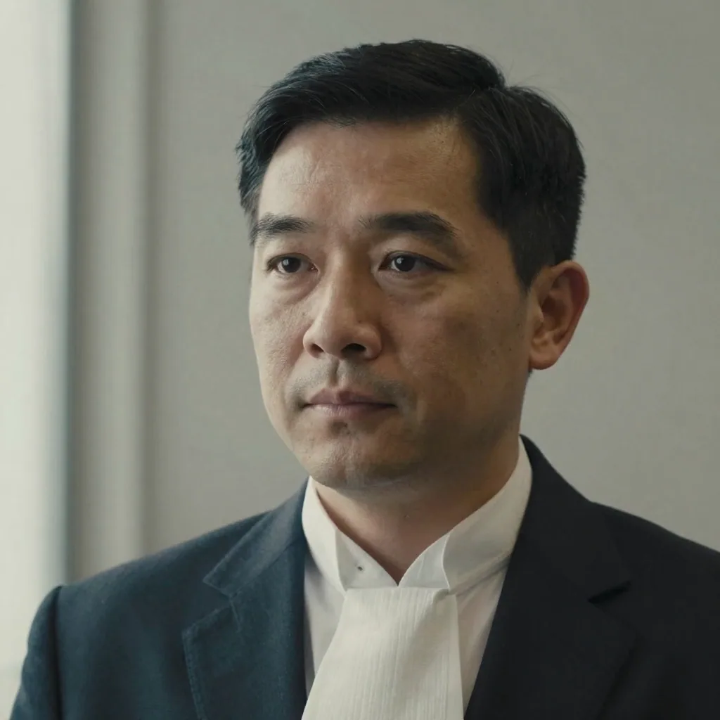 Close-up headshot of an attorney with a crisp white collar and dark jacket against a neutral grey wall, authoritative gaze, soft key light