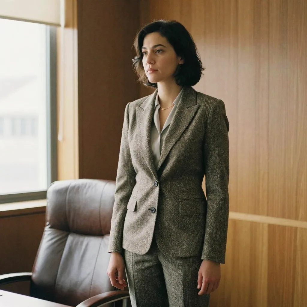 A professional woman in a structured blazer standing in a wood-paneled office beside a leather chair, arms relaxed, warm afternoon window li