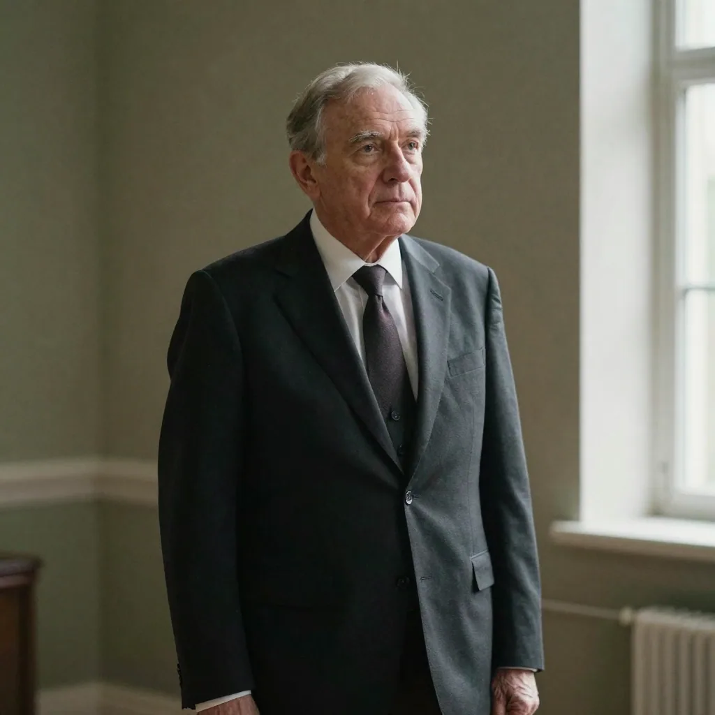 A senior counsel in a dark three-piece suit photographed against a muted olive backdrop, dignified posture, even flattering studio light