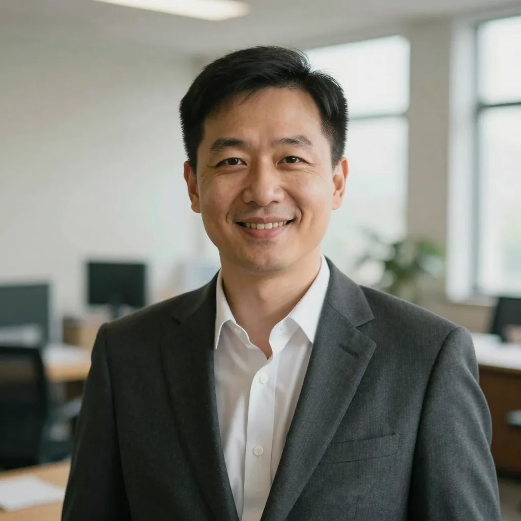 A professional man in a charcoal suit against a softly blurred office background, even soft key light, warm confident half-smile, corporate 