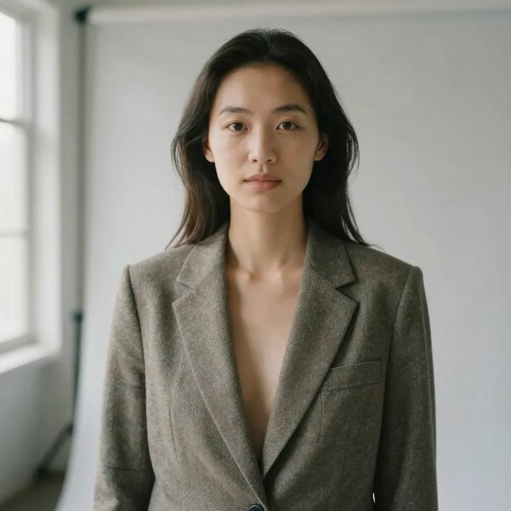 A woman in a tailored blazer standing before a clean light-grey backdrop, gentle studio lighting, natural skin texture, direct friendly gaze