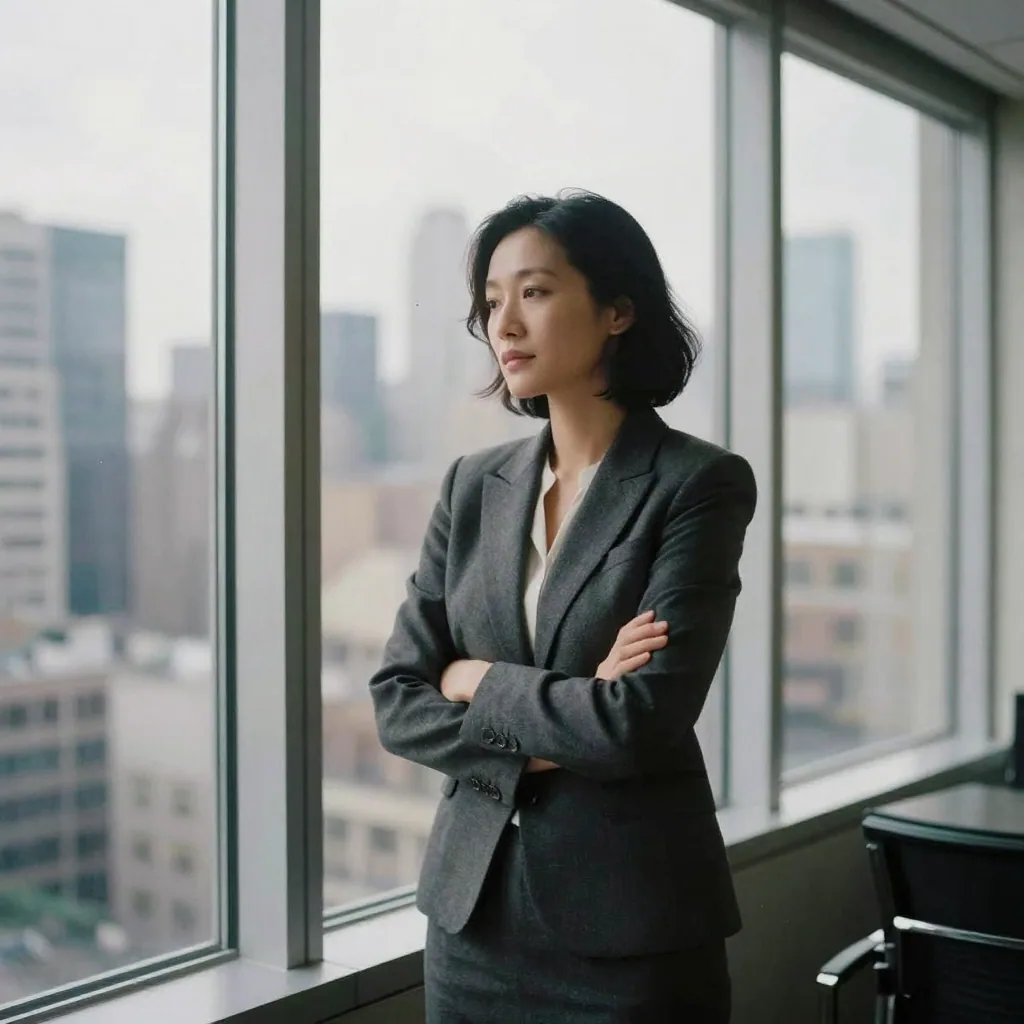 A businesswoman by a large office window with soft daylight wrapping her face, city skyline out of focus behind, poised professional pose
