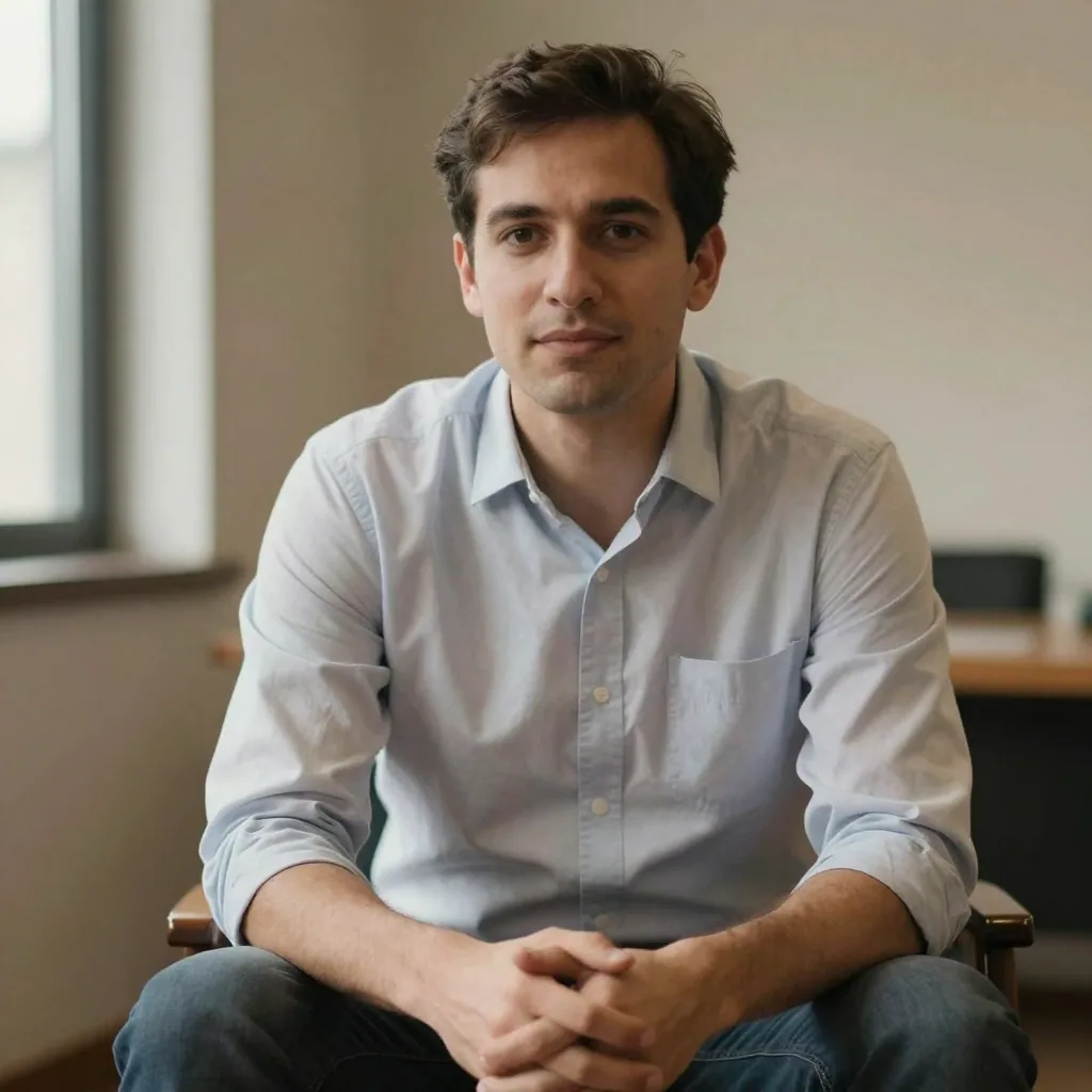 A man in a crisp open-collar shirt seated with hands folded, warm even lighting against a neutral wall, approachable executive framing
