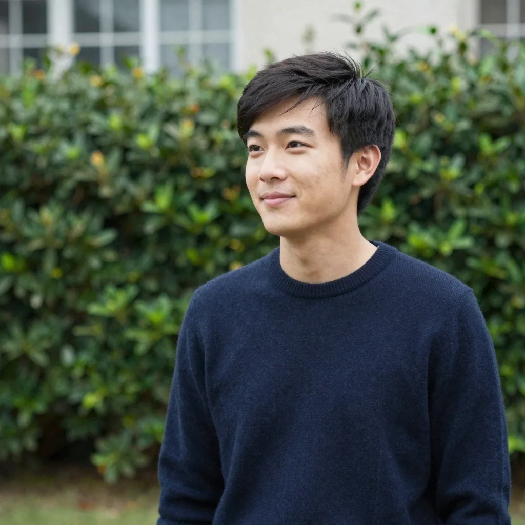 A young professional in a navy sweater outdoors against a soft-focus green hedge, natural overcast light, relaxed authentic expression