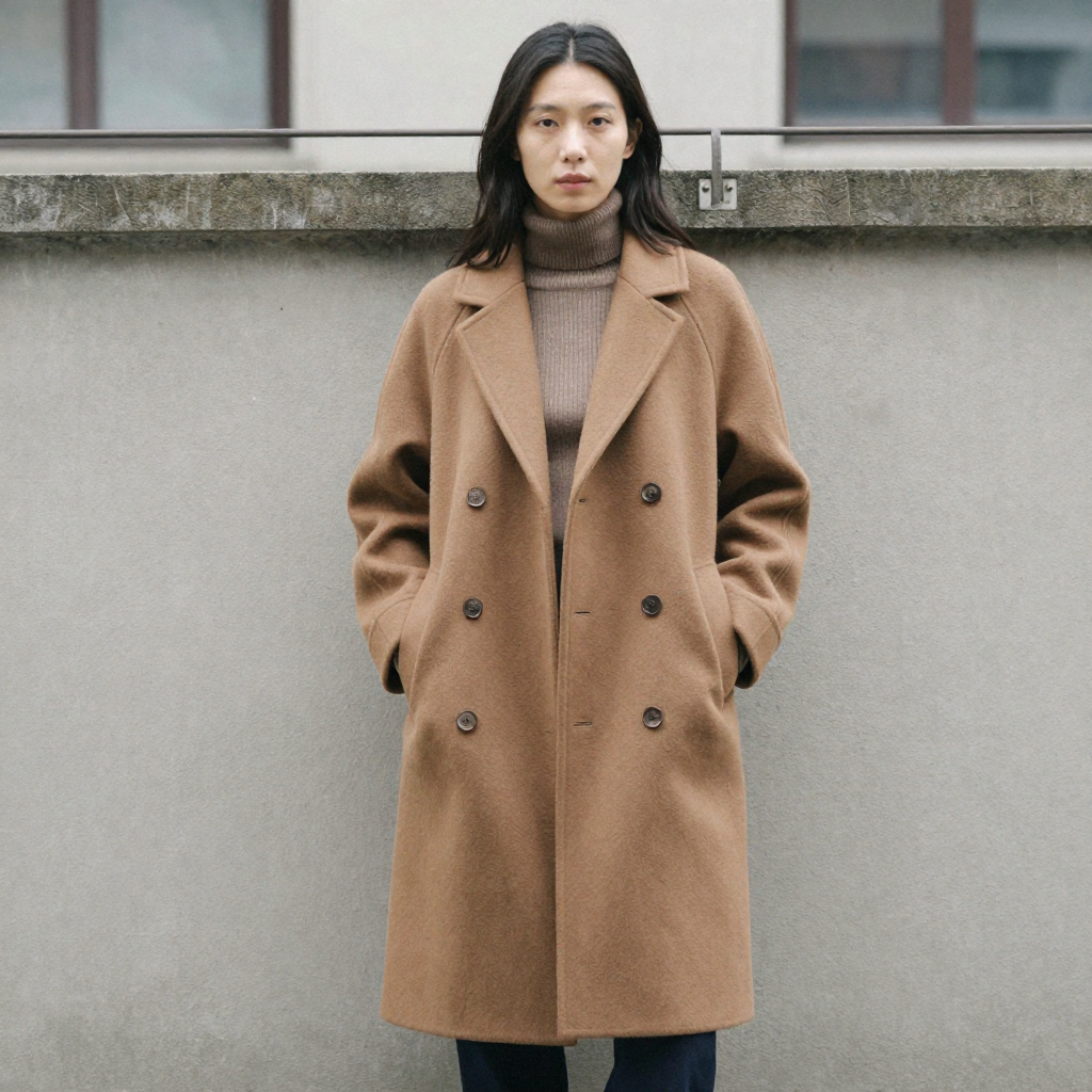 A fashion model in a tailored autumn coat standing against a weathered concrete wall, hands in pockets, soft overcast daylight, editorial th
