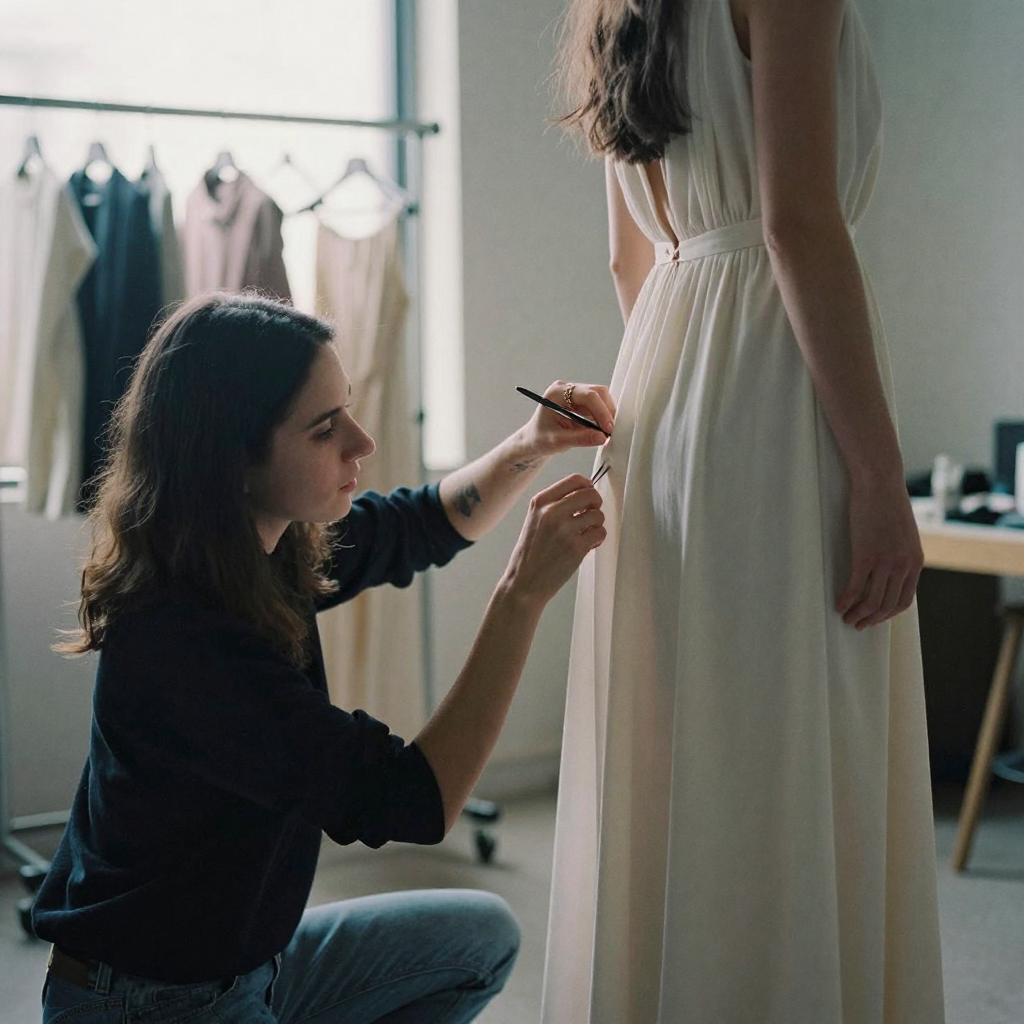 A stylist on set kneeling to adjust the hem of a flowing dress on a model, pins in one hand, a rolling clothes rack of garments in the soft-