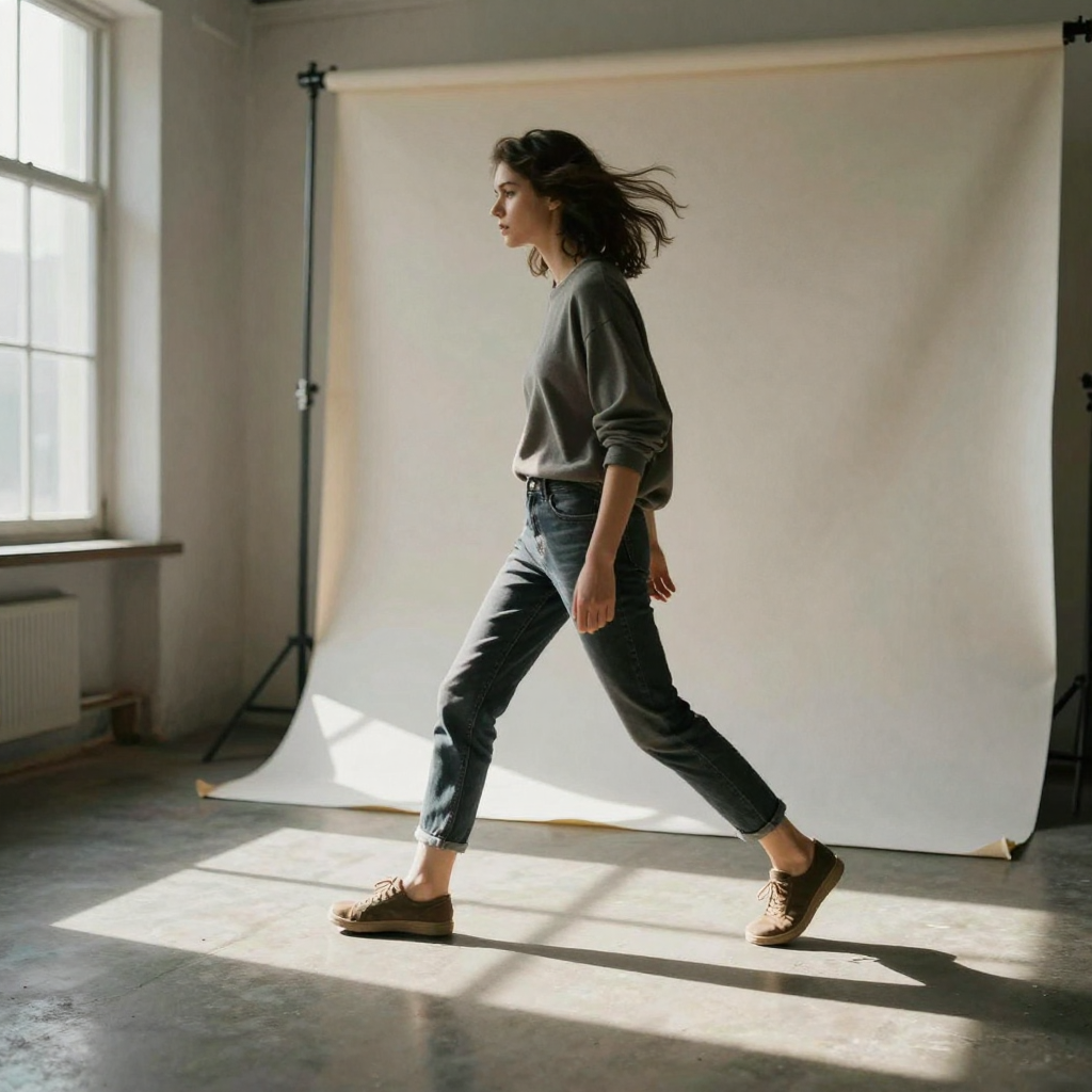 A model mid-stride crossing a sunlit studio floor, hair swinging, a seamless paper backdrop curving behind, strong directional light and cri