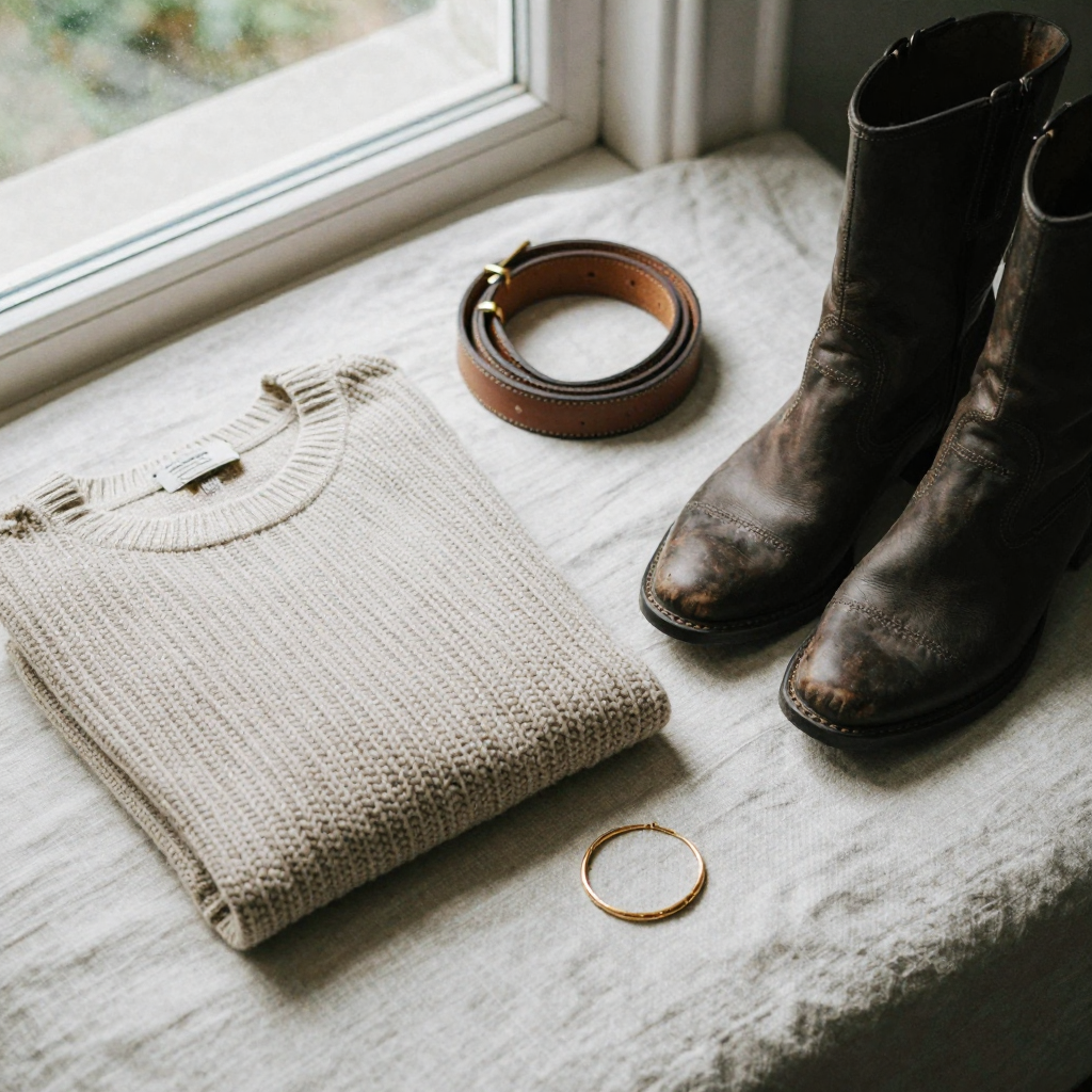 A flat lay of a curated outfit on a linen surface — folded knit sweater, leather belt coiled, worn boots, gold jewelry, styled from directly