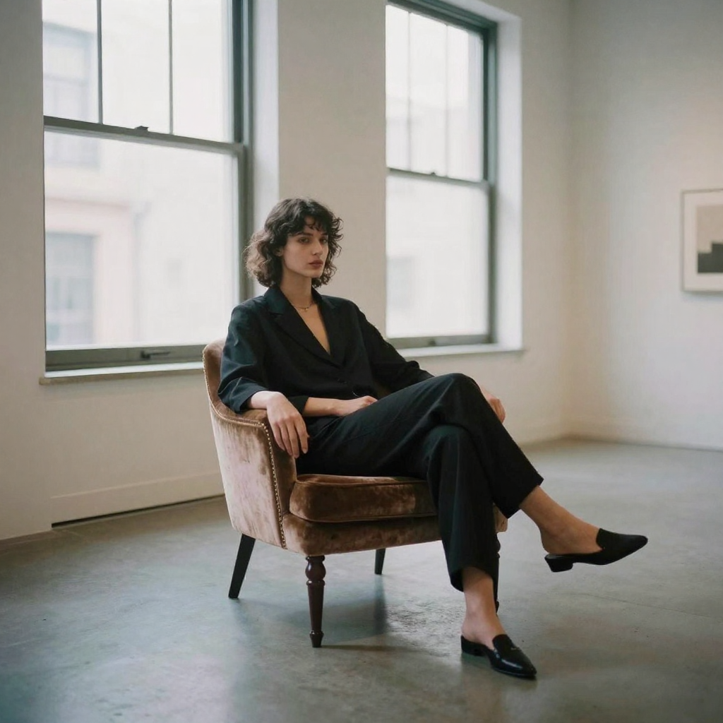 A model seated on a vintage velvet chair in a minimalist gallery space, legs crossed elegantly, wearing a monochrome ensemble, cool diffused