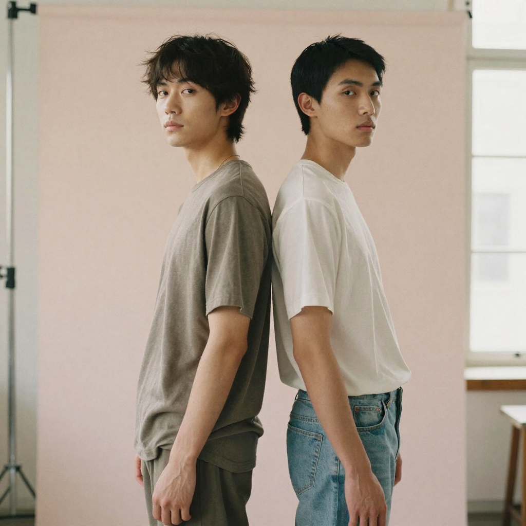 Two models posed back to back in coordinated seasonal outfits against a pastel studio wall, confident expressions, clean editorial lighting,