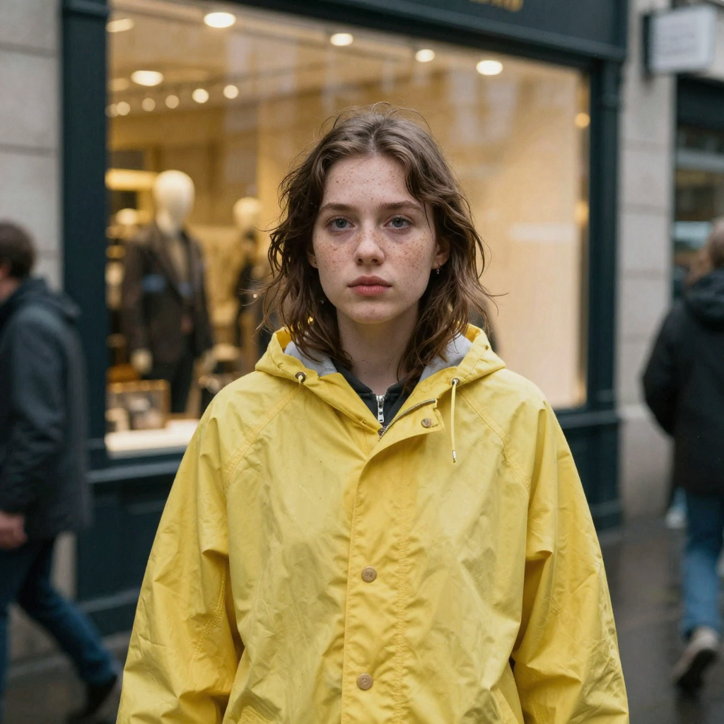 A young woman with a distinctive freckled face in a yellow raincoat on a rainy city street, golden storefront glow behind her, candid aftern