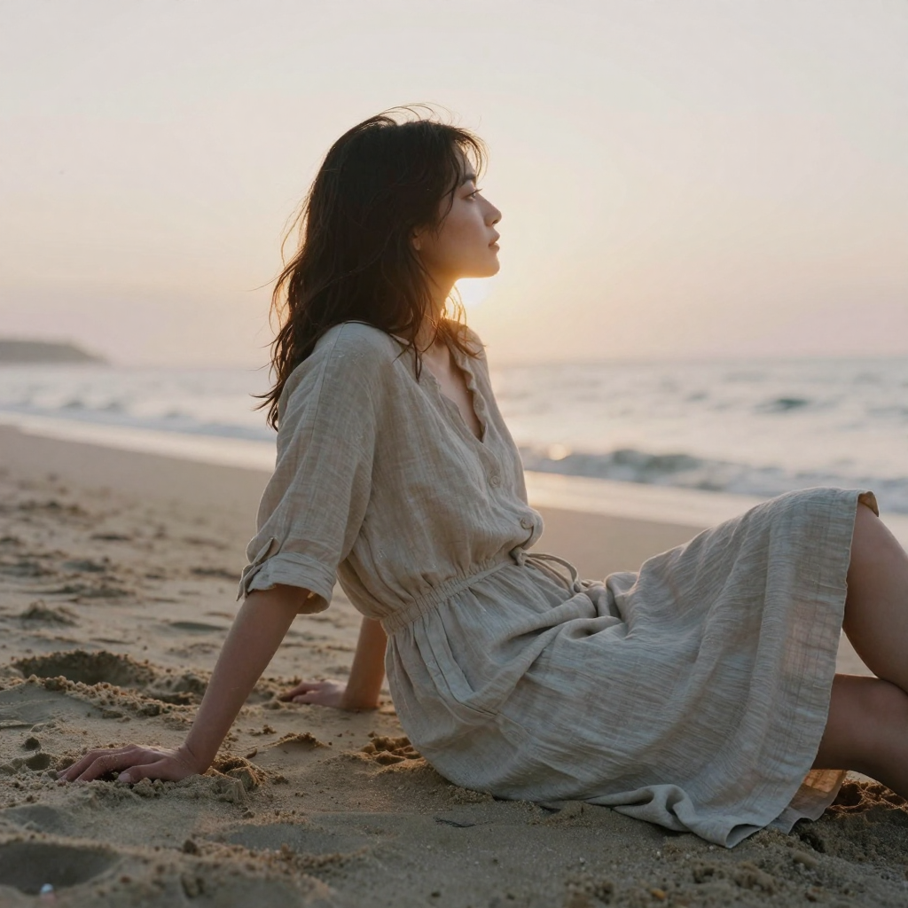 The same recognizable woman relaxing on a beach at sunset in a linen dress, warm backlight rimming her hair, sand and gentle surf around her