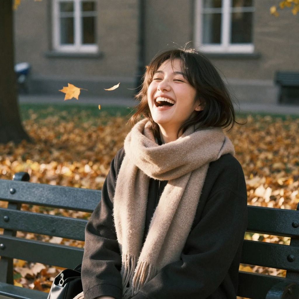 The same influencer mid-laugh on a park bench in autumn, scarf wrapped loose, golden fallen leaves swirling, warm low sun on her cheeks