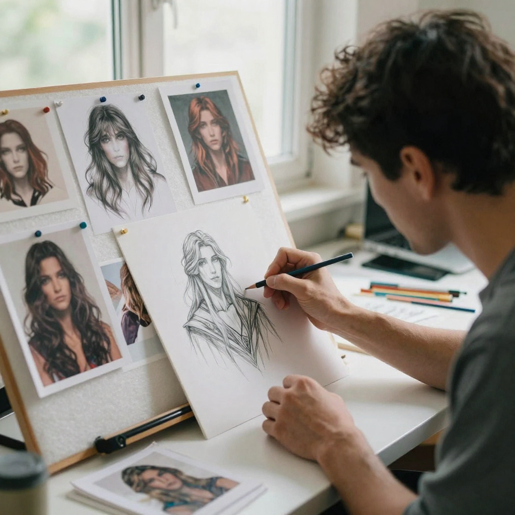 A concept artist at a bright drafting table sketching a fantasy character with colored pencils, pinning reference swatches of fabric and hai