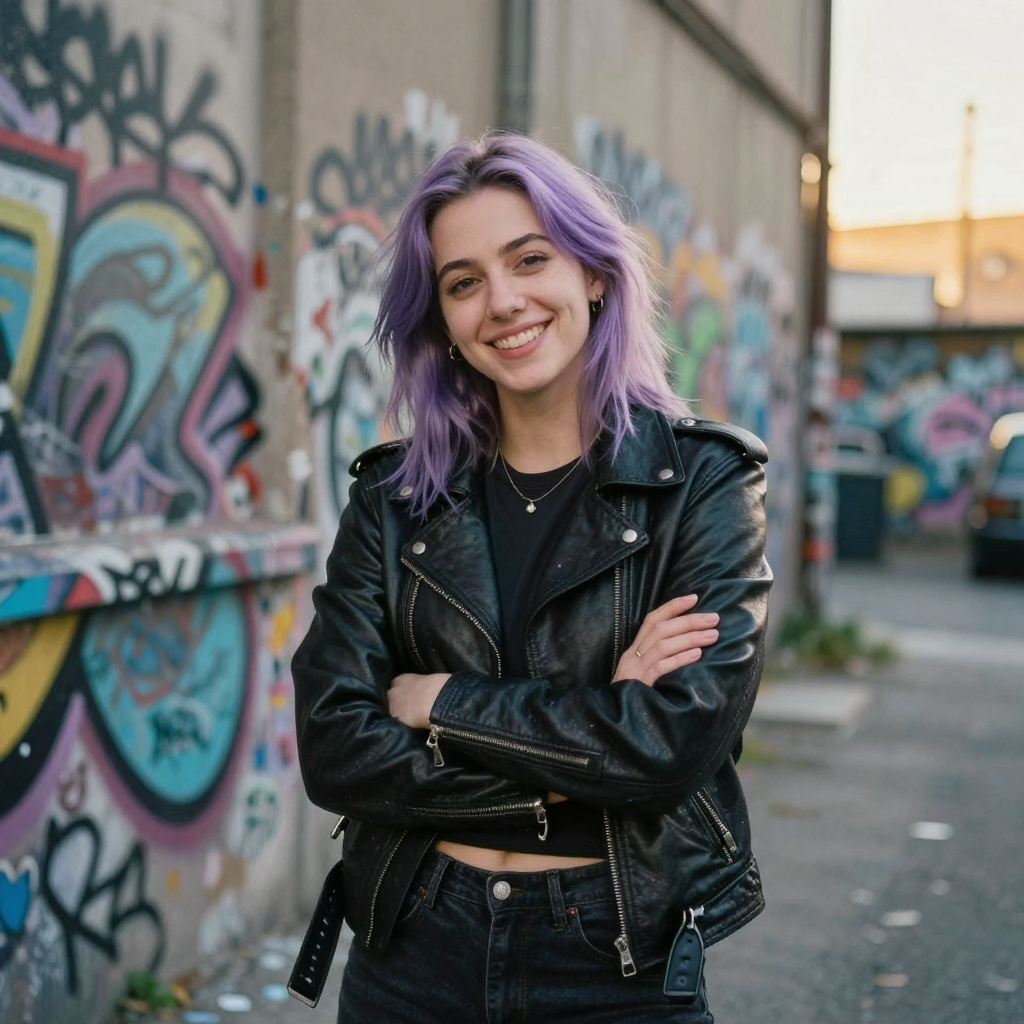 A stylized young woman with lavender hair and a leather jacket posing confidently in a graffiti-covered alley at golden hour, arms crossed a