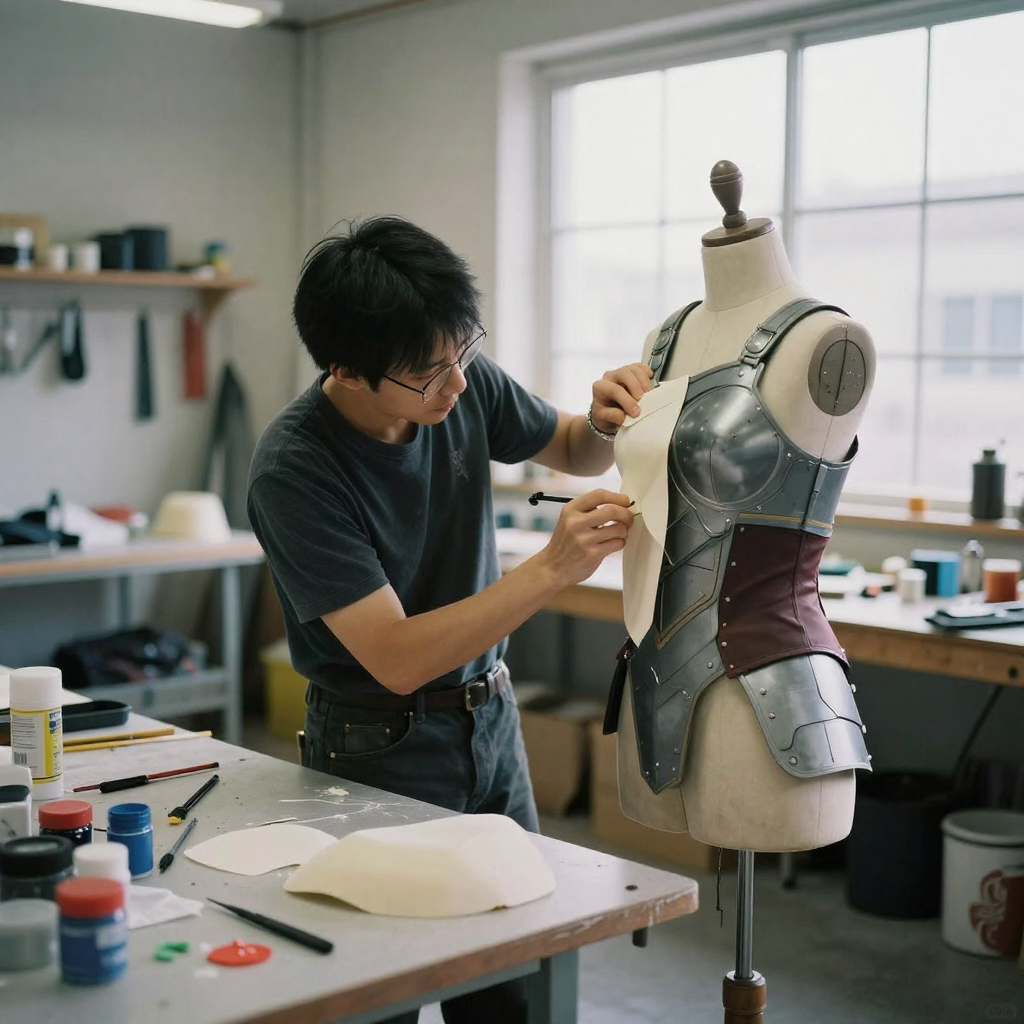 A cosplay maker in a garage workshop assembling a fictional warrior costume on a dress form, gluing foam armor pieces, tools and paint pots