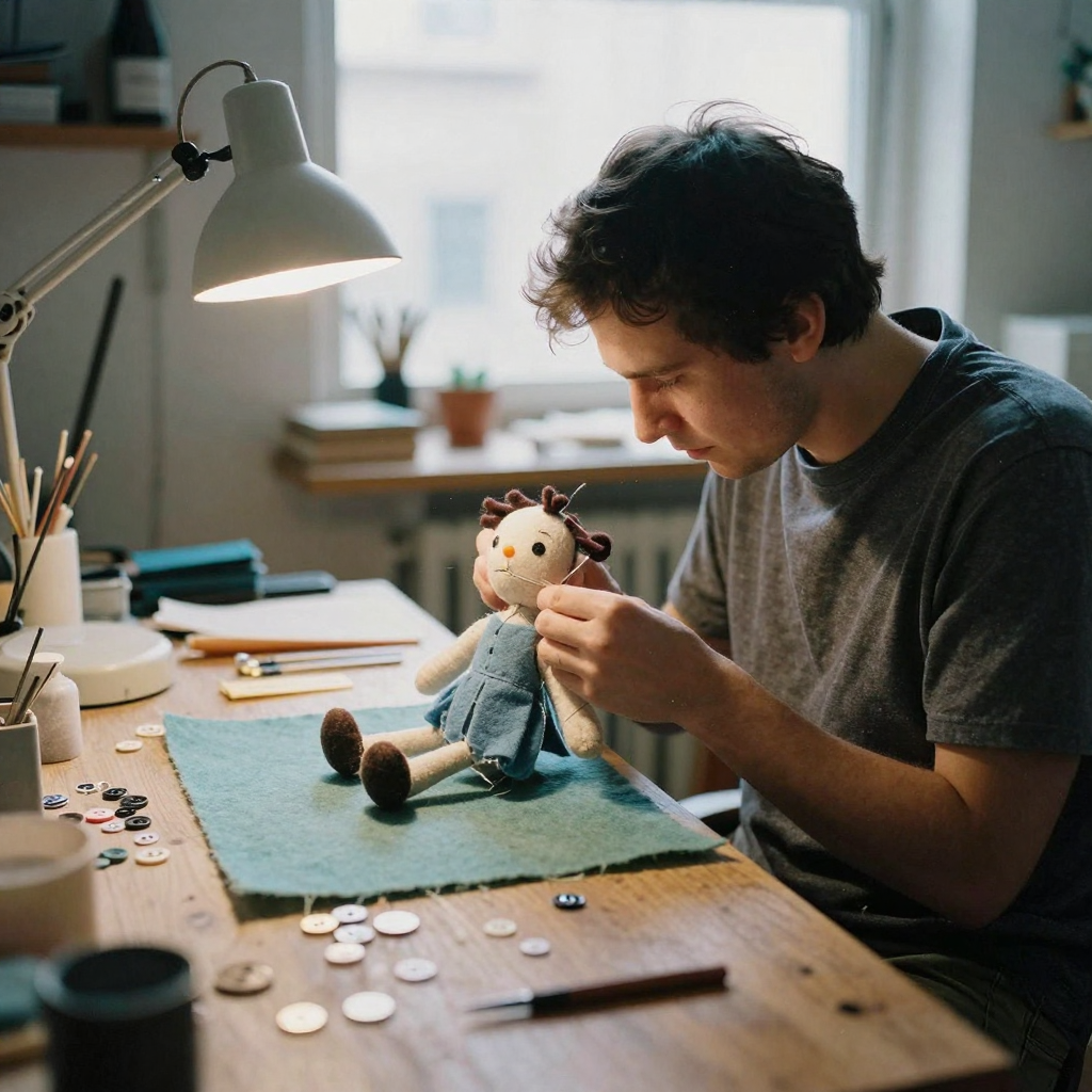 A puppet maker in a cozy studio stitching a whimsical character doll, threading a needle by lamplight, felt scraps and buttons across the wo