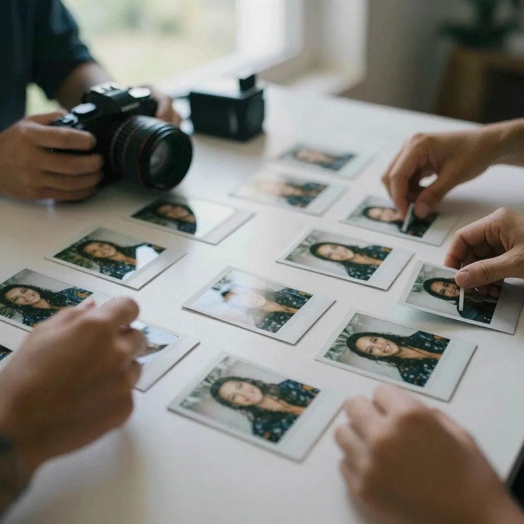 A photographer arranging a grid of small square instant photos of the same smiling woman across a white table, sorting them by lighting and