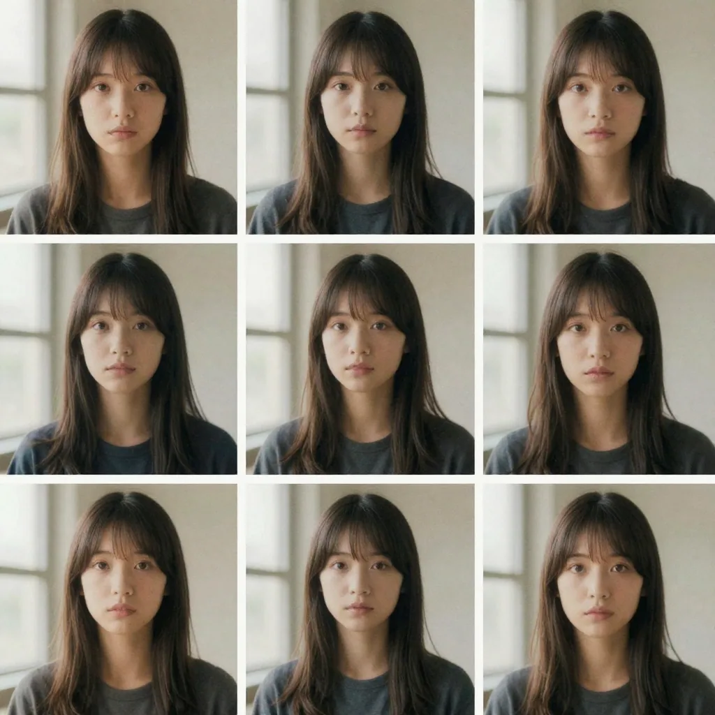 a grid of consistent portrait photos of the same person in different poses, studio light