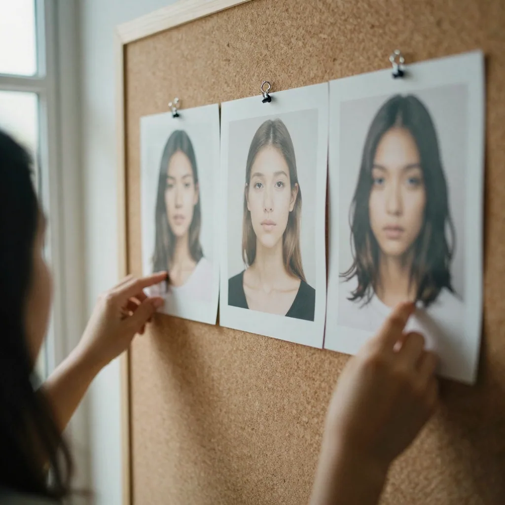 Close-up of hands pinning a series of portrait prints of one model to a corkboard, each showing a different head turn and expression, soft w