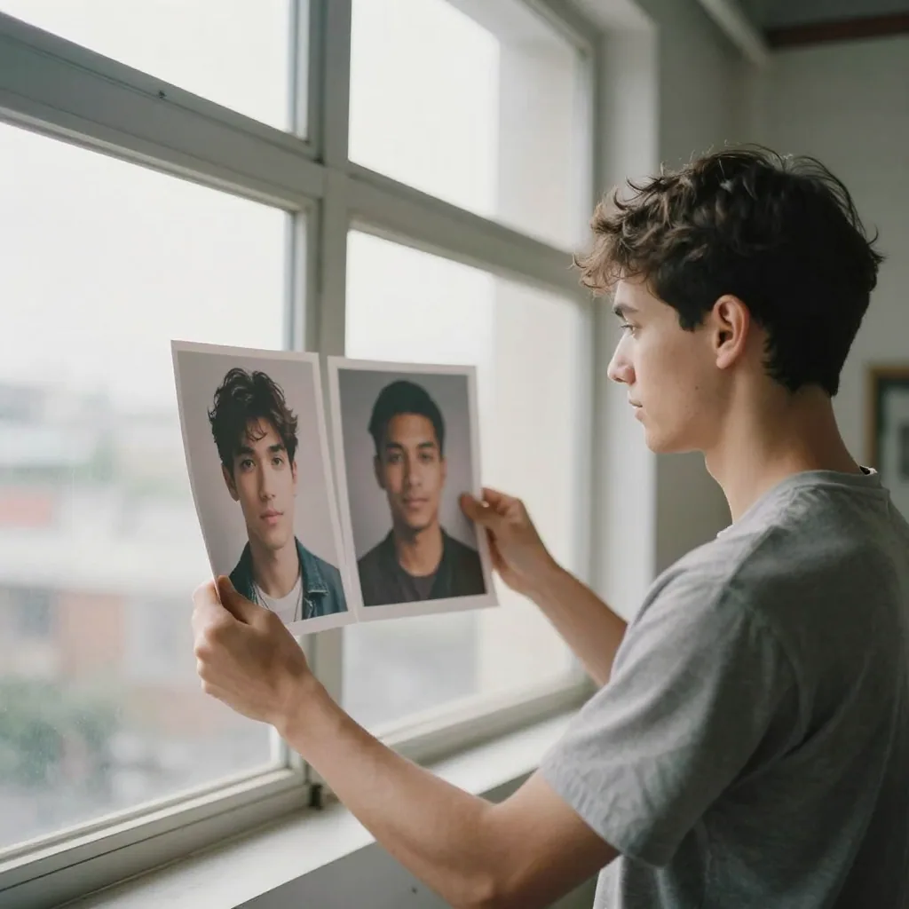 A young man in a bright loft holding up two nearly identical portrait prints side by side, comparing them at arm's length near a large windo