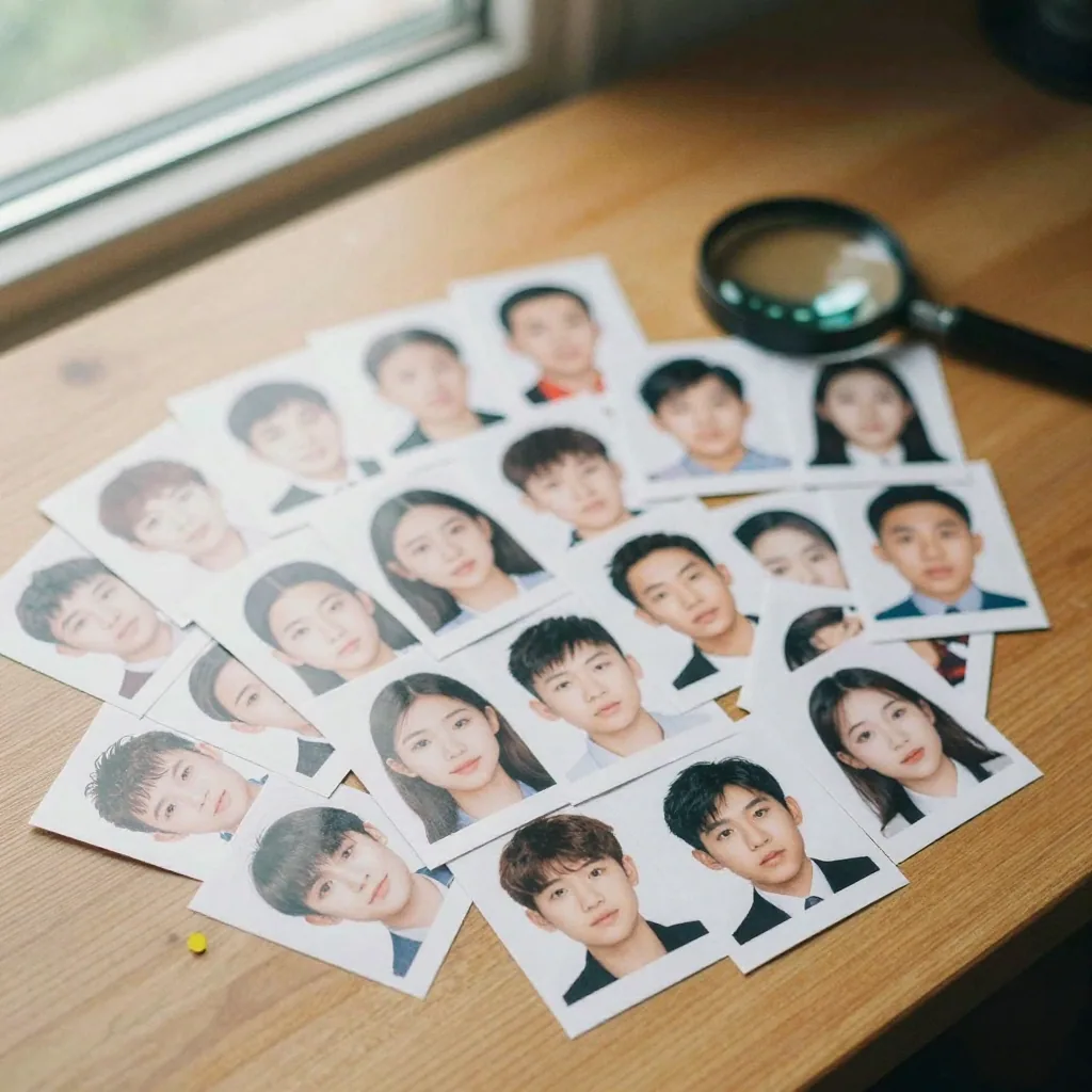 Overhead flat lay of dozens of matching passport-style portrait prints of the same face fanned out on a wooden desk beside a magnifying loup
