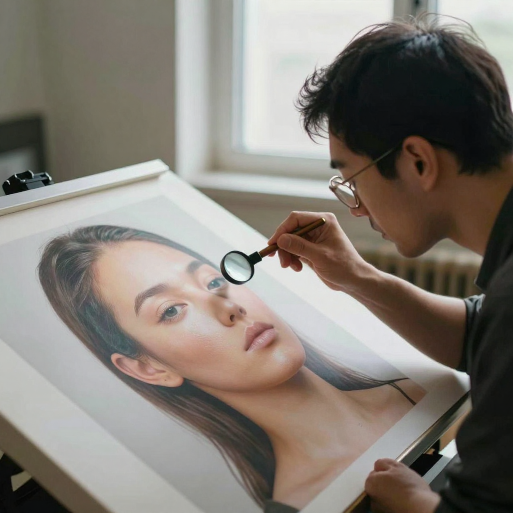 A retoucher leaning close over a large glossy face portrait on a light table, holding a loupe to inspect fine skin detail, soft even studio
