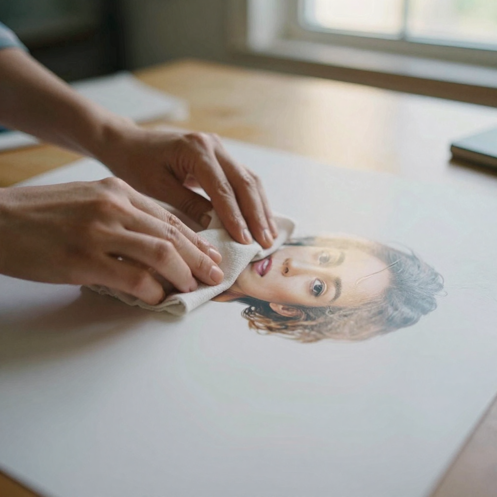 Close-up of hands smoothing the surface of a printed portrait with a soft cloth, warm lamp reflecting off the paper, tidy desk