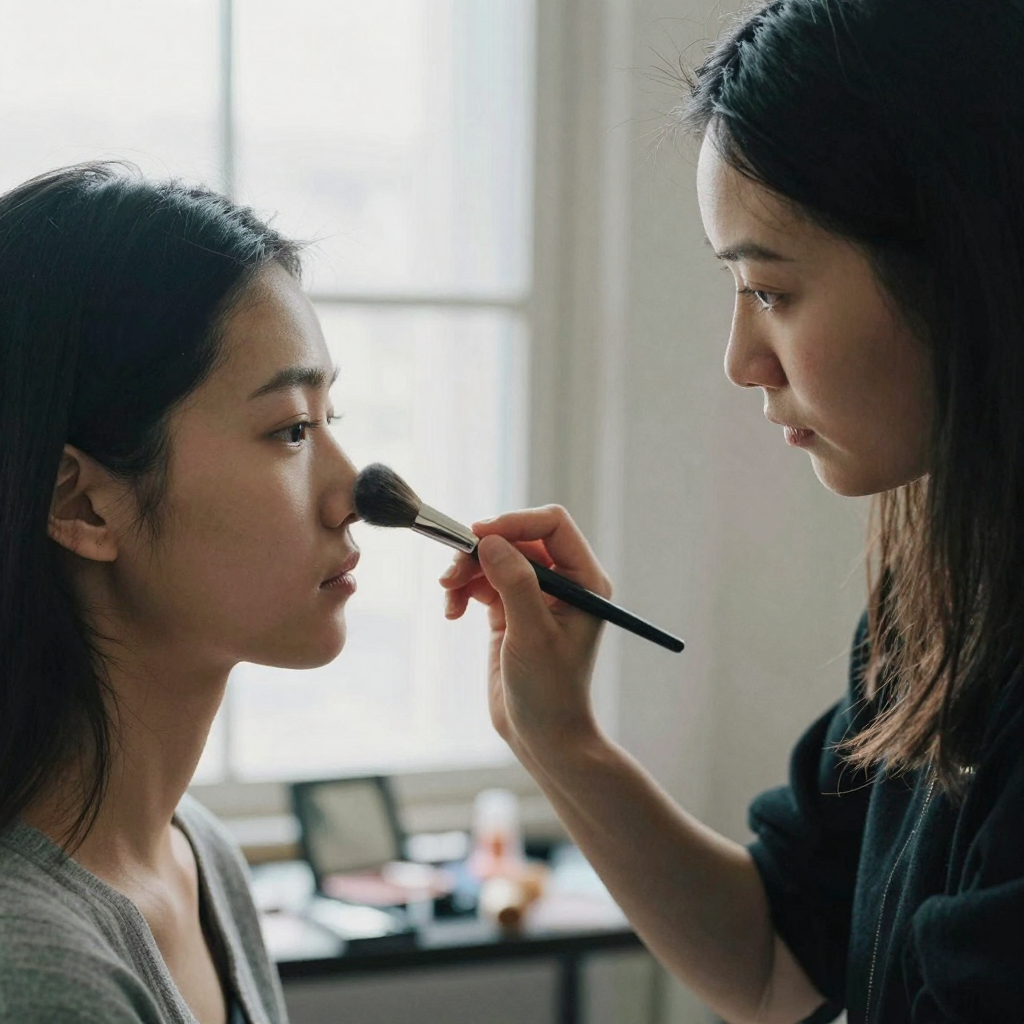 A makeup artist in a bright studio dusting a soft brush across a model's cheek, the model's face catching soft window light, calm focused mo