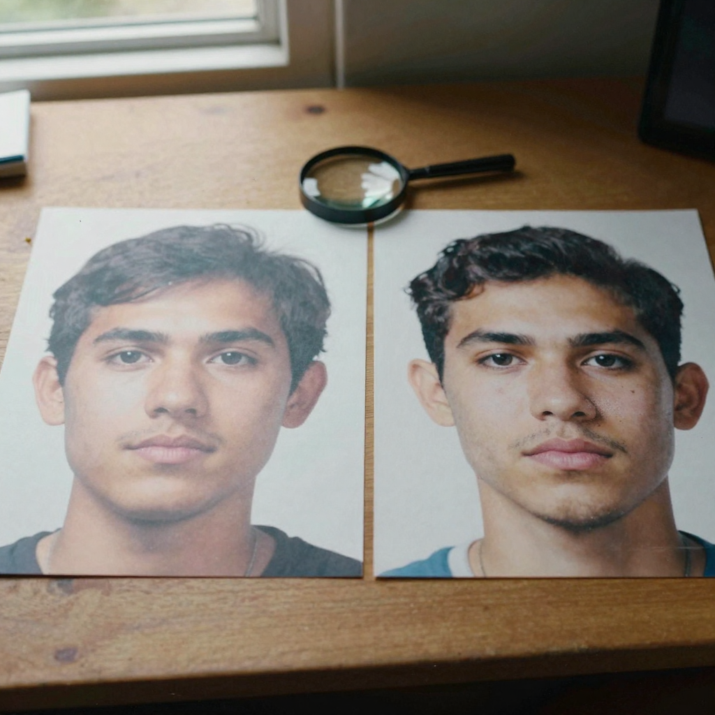 Overhead shot of two versions of the same face portrait laid side by side on a wooden desk, a magnifying glass resting between them