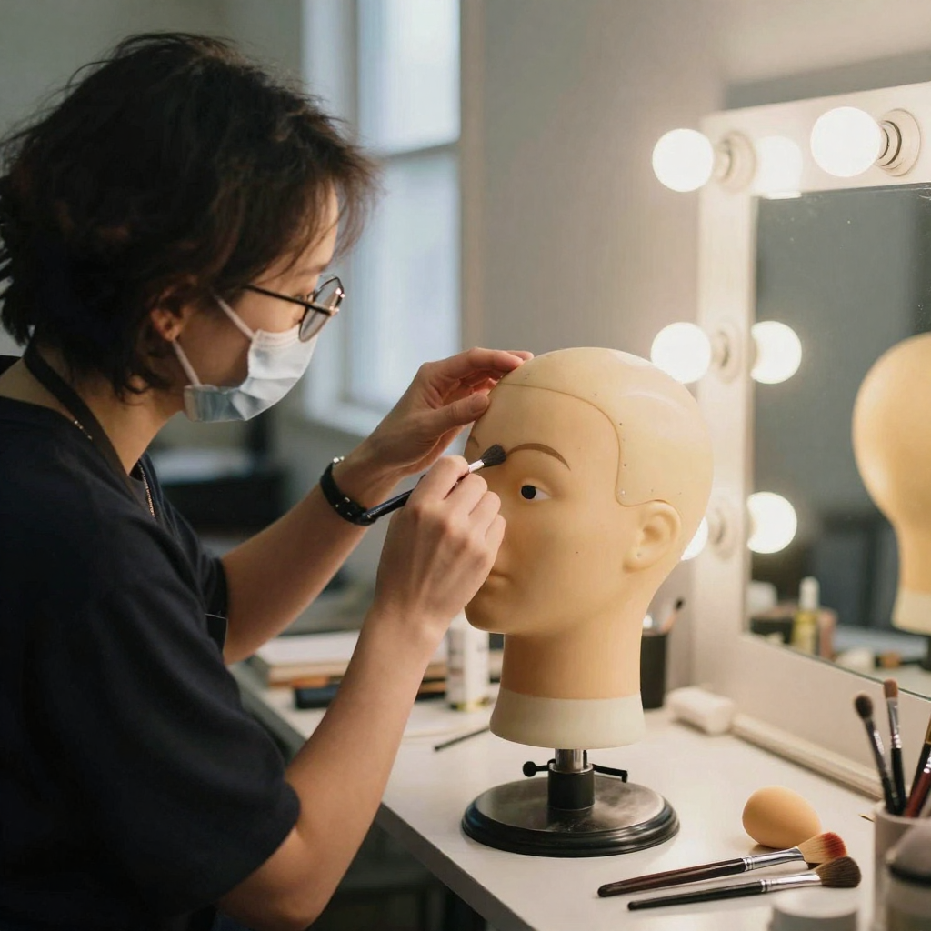 A theater makeup artist backstage pressing a lifelike silicone prosthetic mask onto a mannequin head under warm vanity bulbs, brushes and sp