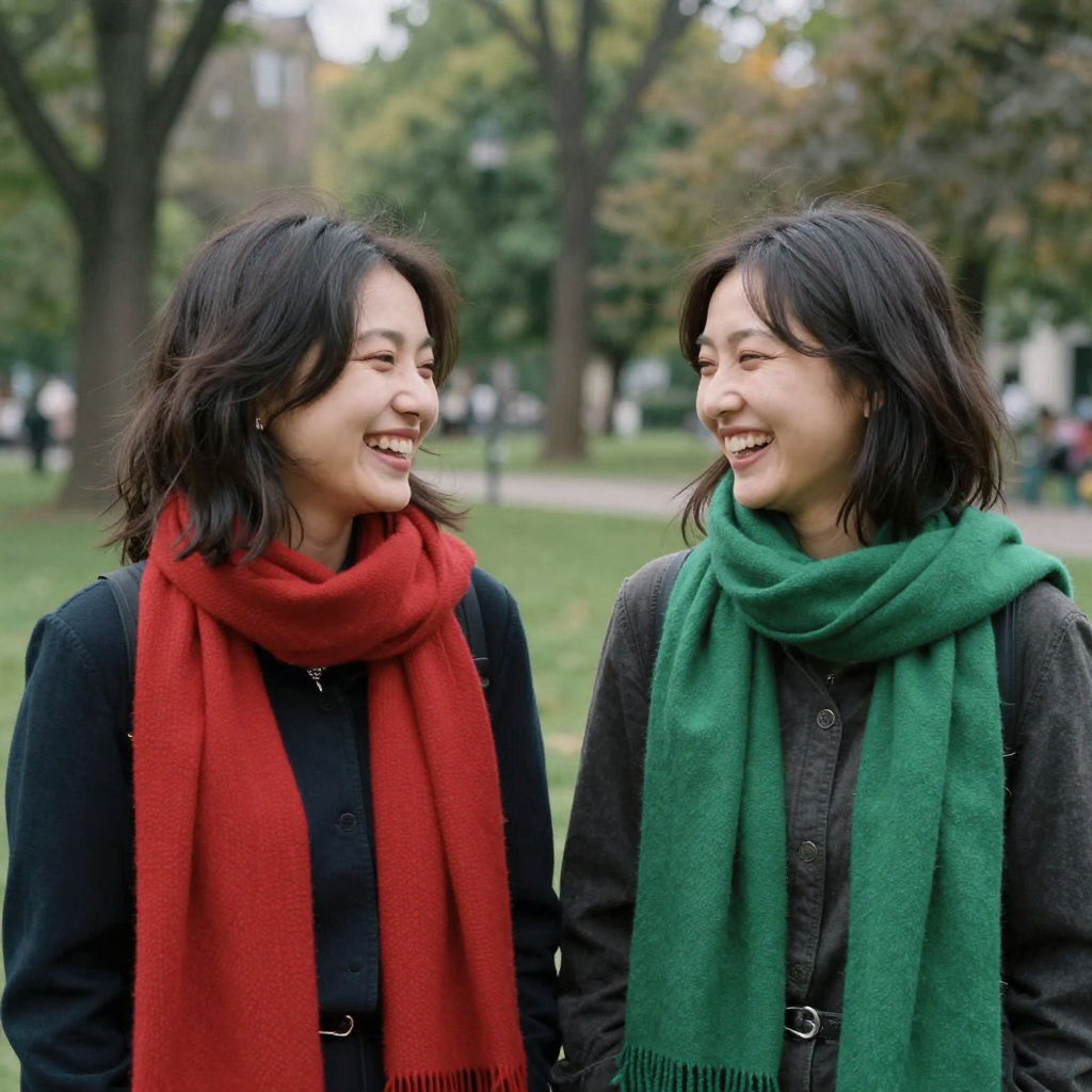 Two young women with strikingly similar features standing side by side in a park at midday, laughing, one wearing a red scarf and the other