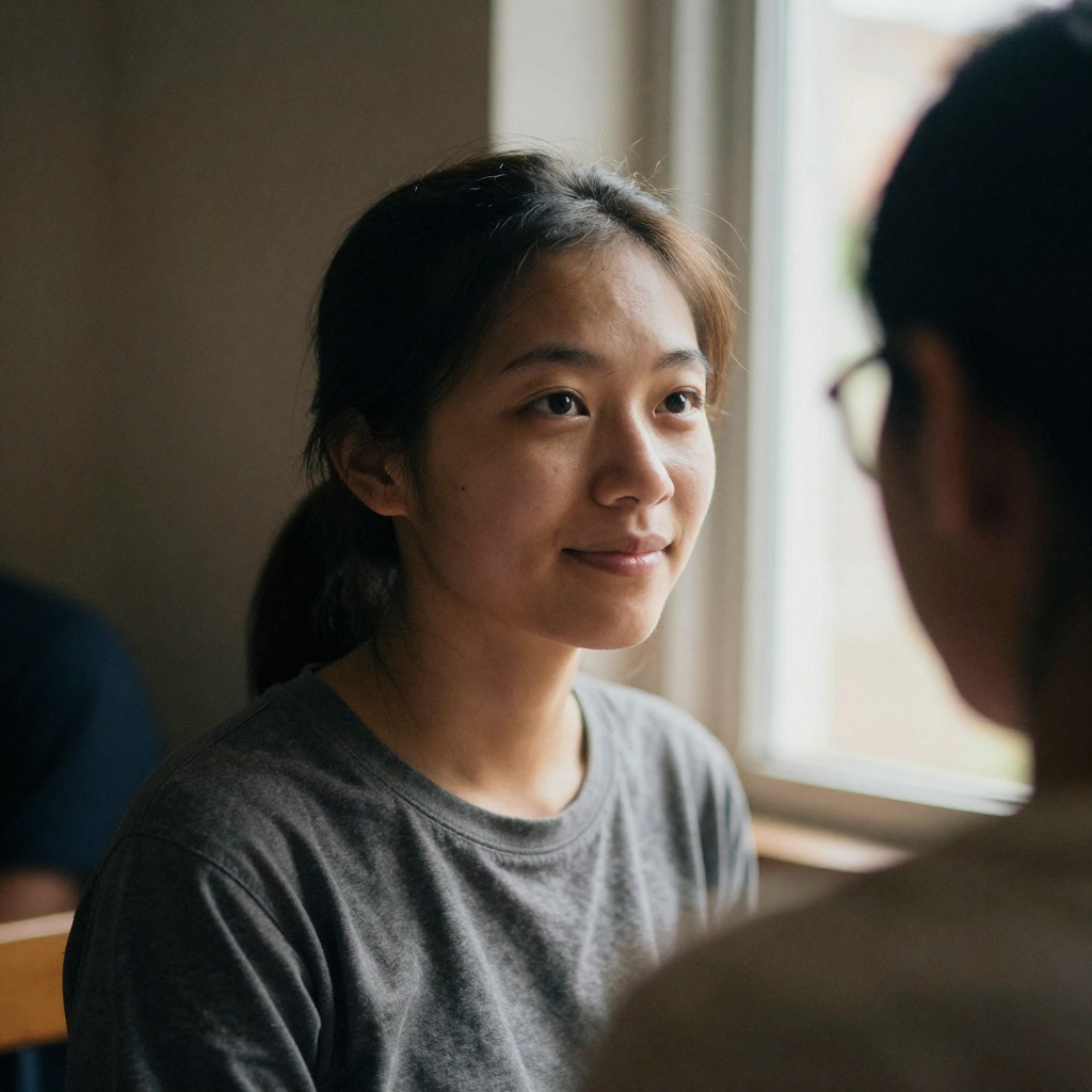 a candid portrait of a different person in warm window light, shallow depth of field