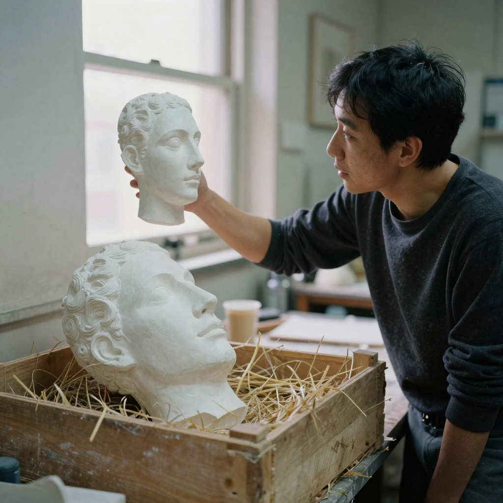 A sculptor comparing two identical plaster face casts on a workbench, holding one up to the light while the other rests in a wooden crate of