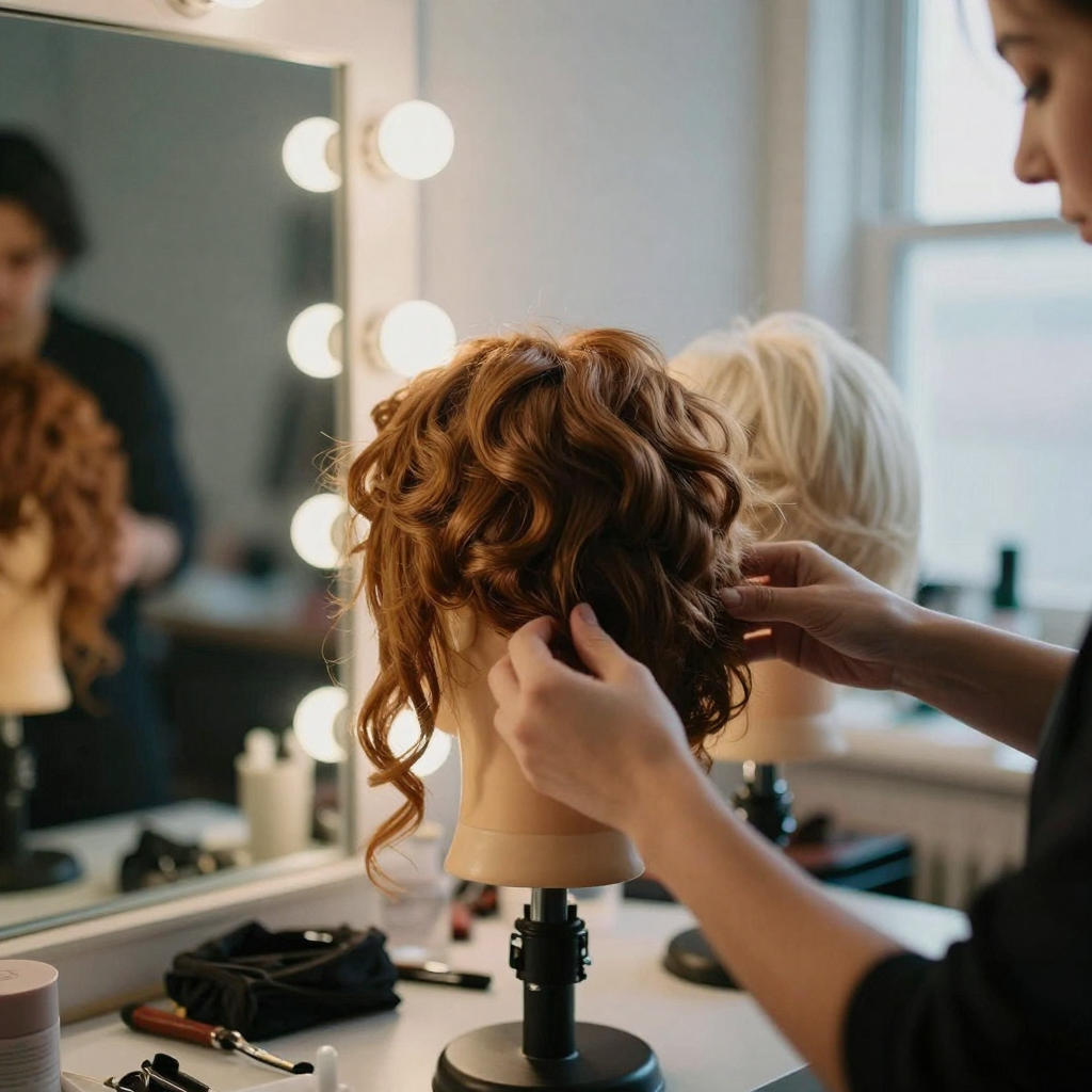 Close-up of a costume designer swapping wigs on a wooden wig stand in a dim dressing room, one auburn and one platinum, mirror bulbs glowing