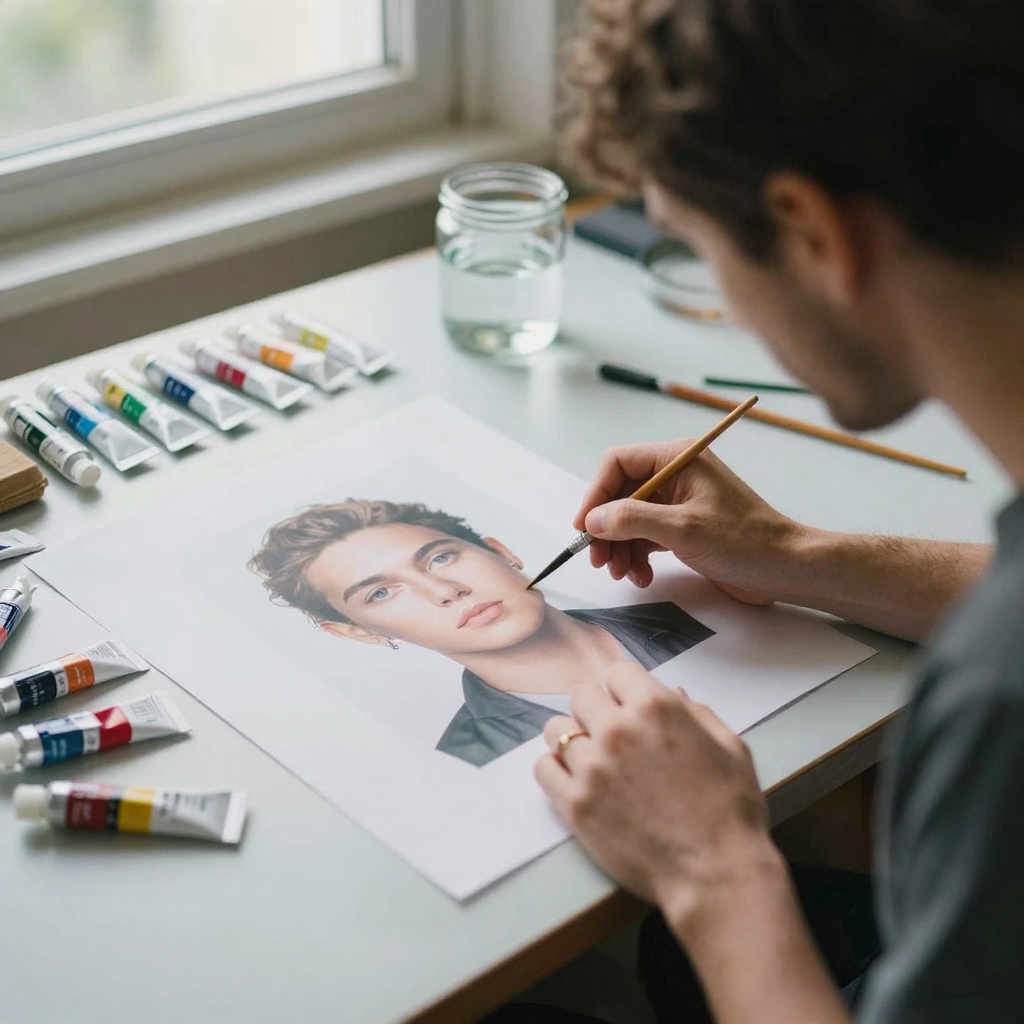 A retoucher at a drafting table using a fine brush to touch a small area of a large printed portrait, soft daylight, tubes of paint and a ja