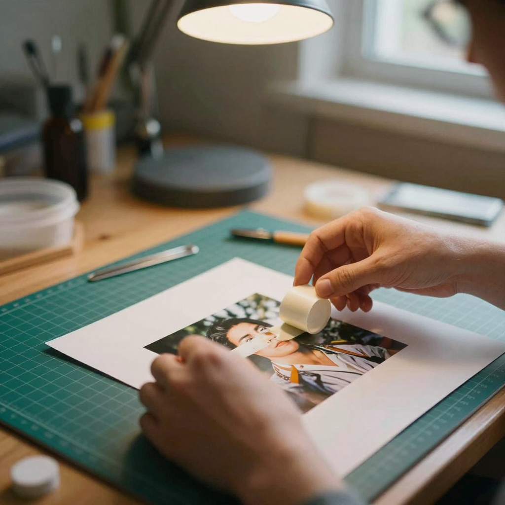Close-up of hands masking part of a photo print with low-tack tape, a scalpel and cutting mat on the desk, warm task lamp overhead