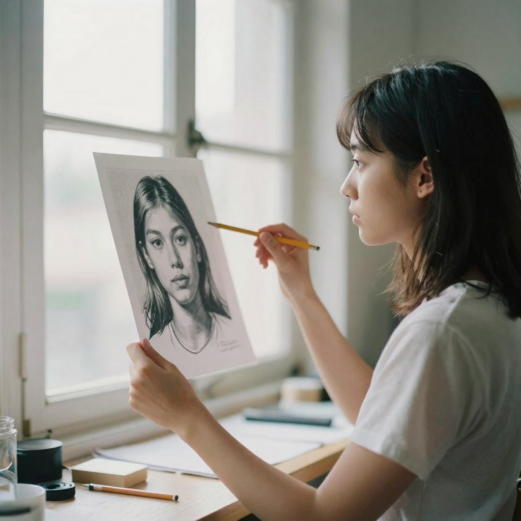 A young woman in a studio holding up a portrait print, gesturing at a specific spot on it with a pencil, thoughtful expression, bright windo